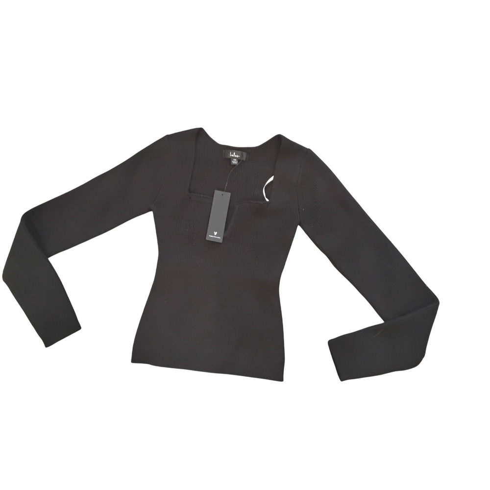 Lulus Black Ribbedโ Notched Square Neck Long Sleeve Sweater Top XS NWT